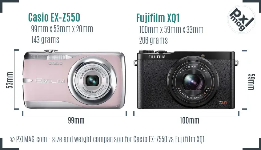 Casio EX-Z550 vs Fujifilm XQ1 size comparison