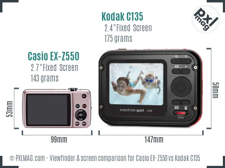 Casio EX-Z550 vs Kodak C135 Screen and Viewfinder comparison