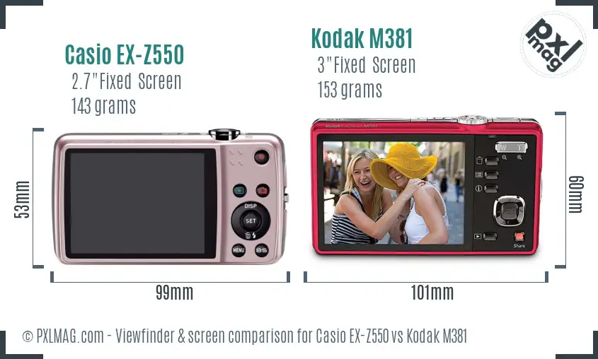 Casio EX-Z550 vs Kodak M381 Screen and Viewfinder comparison