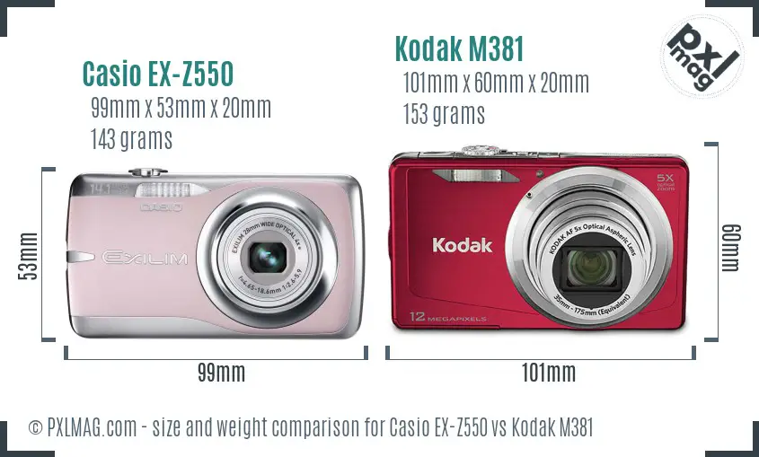 Casio EX-Z550 vs Kodak M381 size comparison