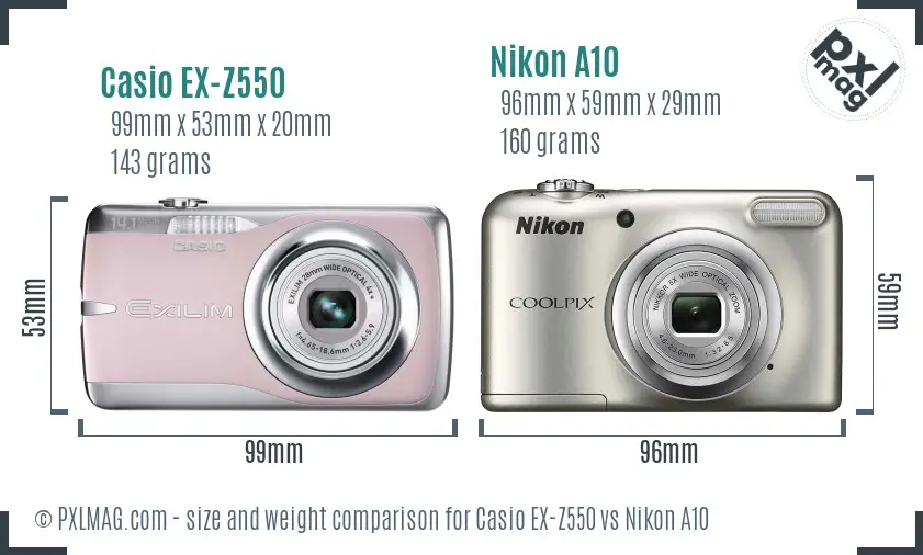 Casio EX-Z550 vs Nikon A10 size comparison