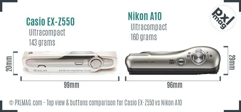 Casio EX-Z550 vs Nikon A10 top view buttons comparison