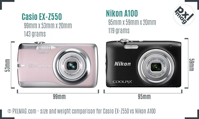 Casio EX-Z550 vs Nikon A100 size comparison Casio EX-Z550 vs Nikon A100 size comparison