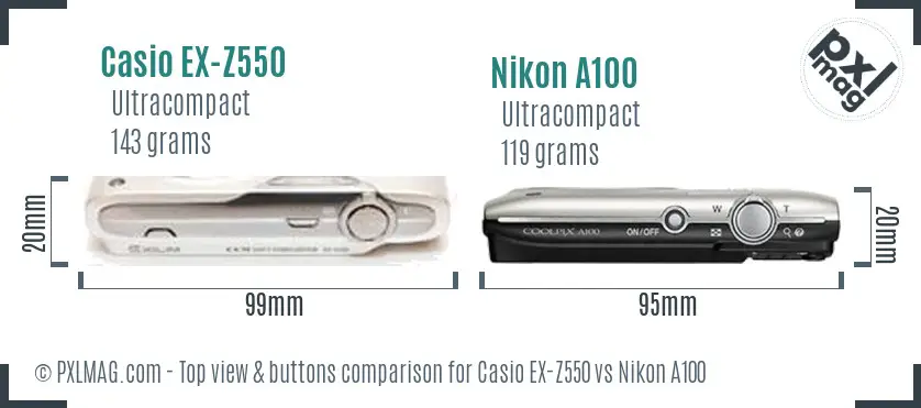 Casio EX-Z550 vs Nikon A100 top view buttons comparison Casio EX-Z550 vs Nikon A100 top view buttons comparison