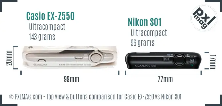 Casio EX-Z550 vs Nikon S01 top view buttons comparison