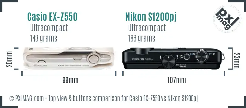Casio EX-Z550 vs Nikon S1200pj top view buttons comparison