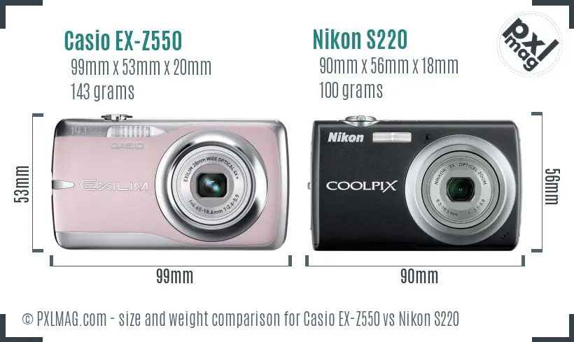Casio EX-Z550 vs Nikon S220 size comparison