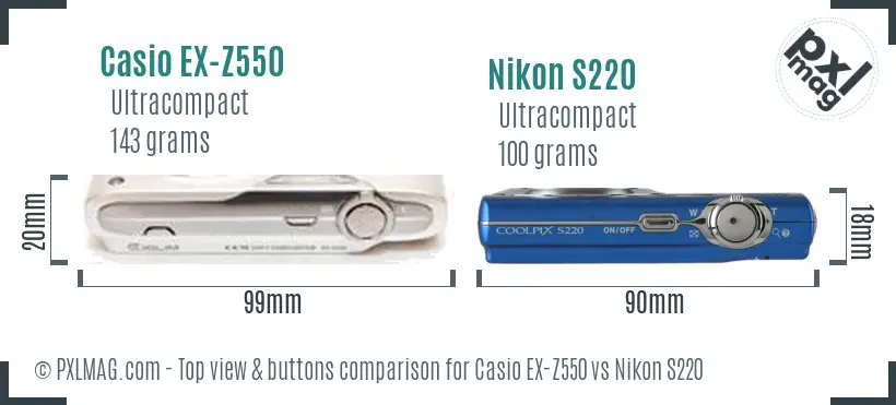 Casio EX-Z550 vs Nikon S220 top view buttons comparison