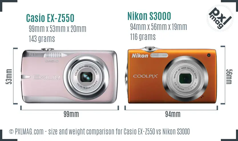 Casio EX-Z550 vs Nikon S3000 size comparison