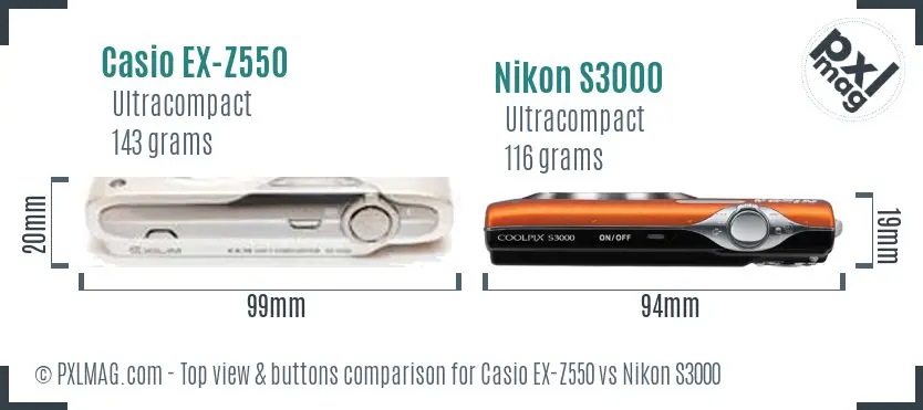 Casio EX-Z550 vs Nikon S3000 top view buttons comparison