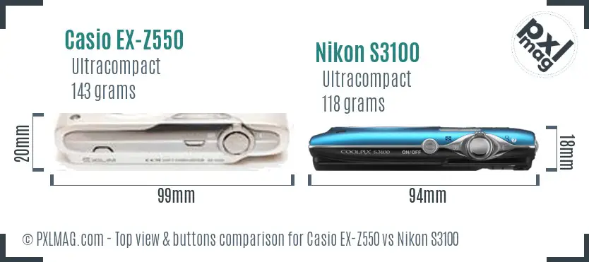 Casio EX-Z550 vs Nikon S3100 top view buttons comparison