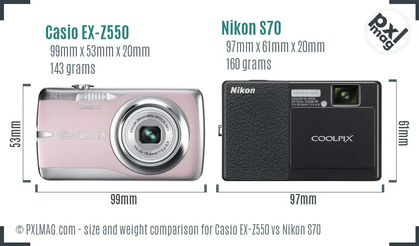 Casio EX-Z550 vs Nikon S70 size comparison