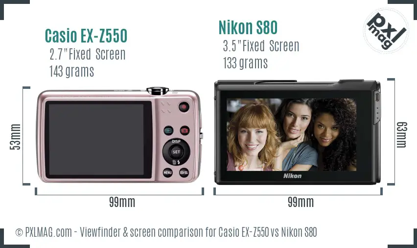 Casio EX-Z550 vs Nikon S80 Screen and Viewfinder comparison
