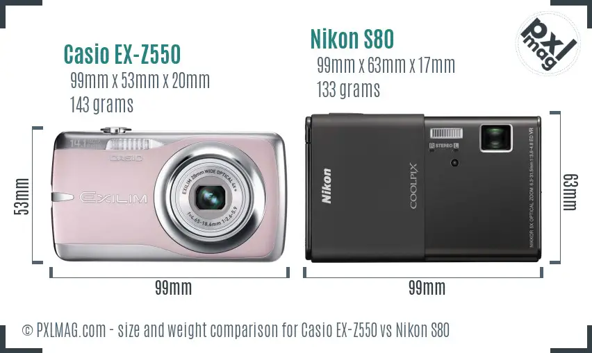 Casio EX-Z550 vs Nikon S80 size comparison