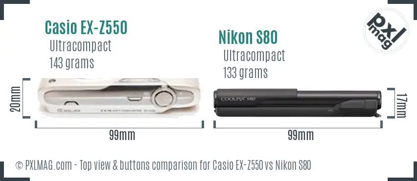 Casio EX-Z550 vs Nikon S80 top view buttons comparison