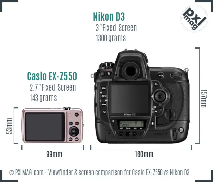 Casio EX-Z550 vs Nikon D3 Screen and Viewfinder comparison