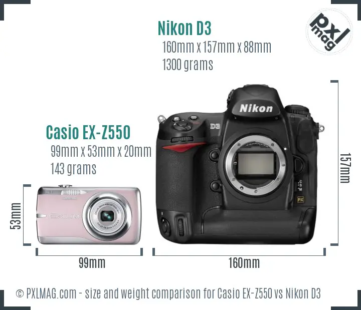Casio EX-Z550 vs Nikon D3 size comparison