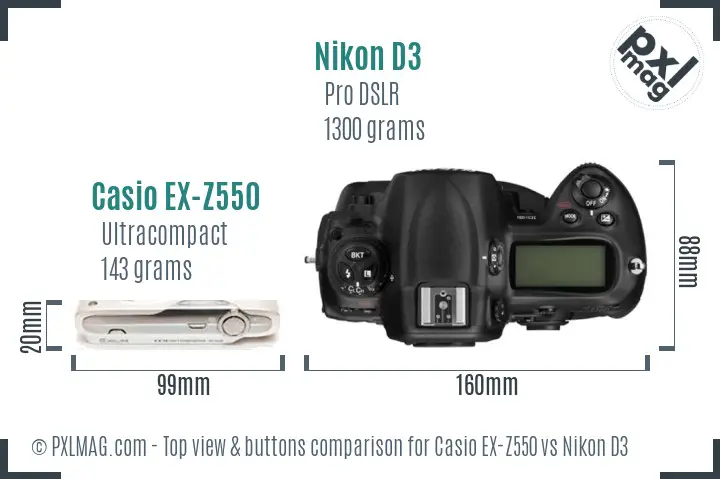 Casio EX-Z550 vs Nikon D3 top view buttons comparison