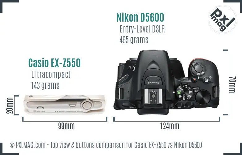 Casio EX-Z550 vs Nikon D5600 top view buttons comparison