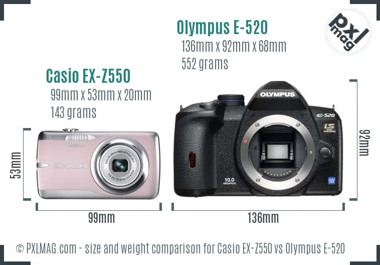 Casio EX-Z550 vs Olympus E-520 size comparison