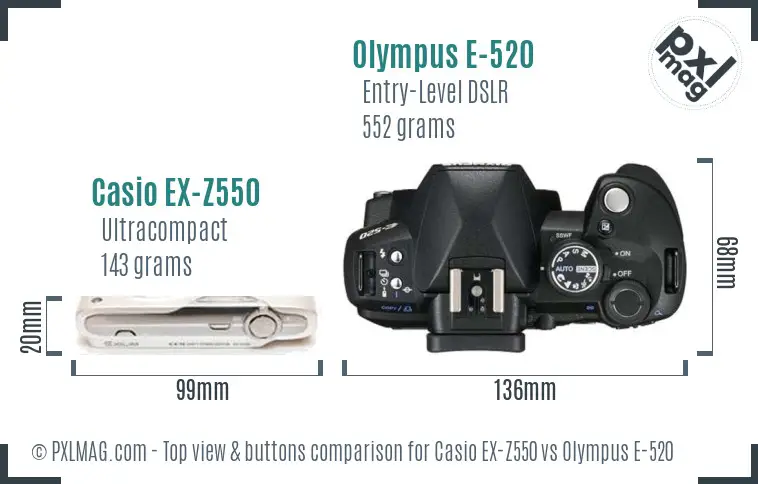Casio EX-Z550 vs Olympus E-520 top view buttons comparison