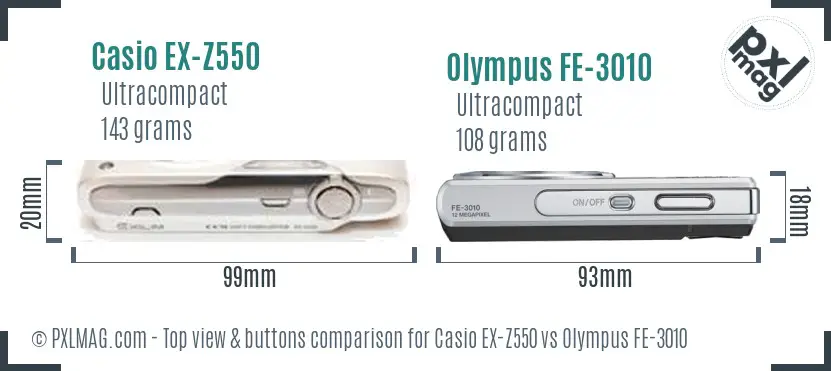 Casio EX-Z550 vs Olympus FE-3010 top view buttons comparison