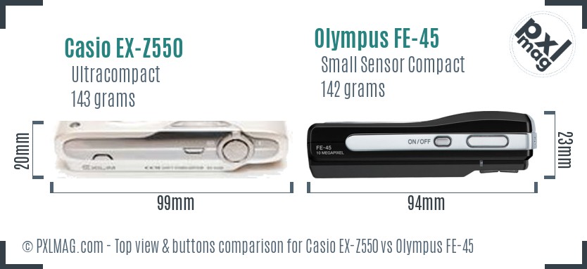 Casio EX-Z550 vs Olympus FE-45 top view buttons comparison