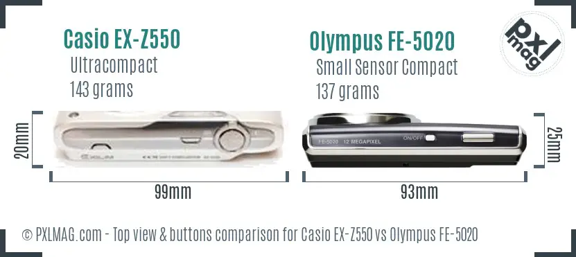 Casio EX-Z550 vs Olympus FE-5020 top view buttons comparison