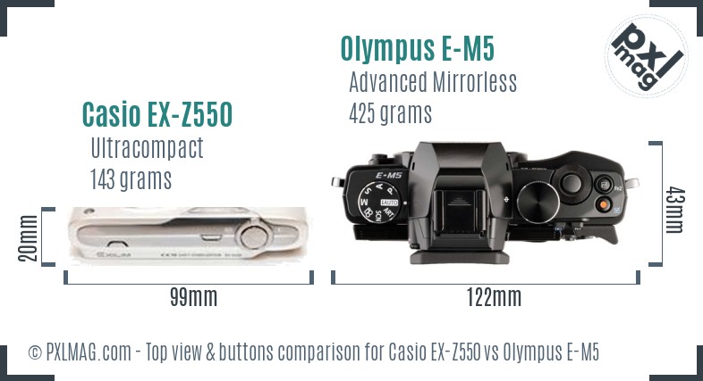 Casio EX-Z550 vs Olympus E-M5 top view buttons comparison