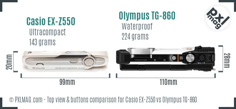 Casio EX-Z550 vs Olympus TG-860 top view buttons comparison Casio EX-Z550 vs Olympus TG-860 top view buttons comparison