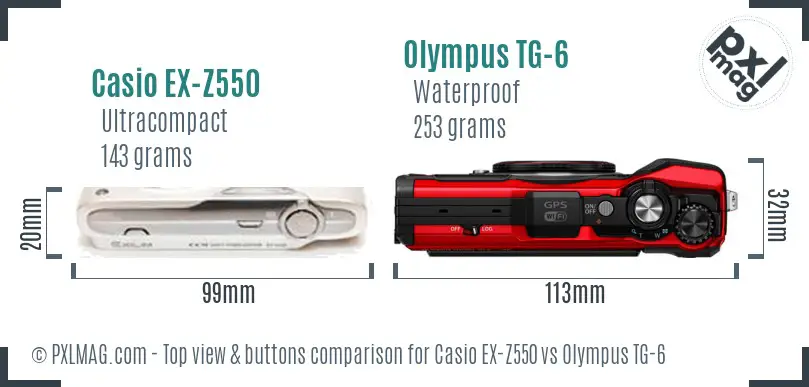 Casio EX-Z550 vs Olympus TG-6 top view buttons comparison Casio EX-Z550 vs Olympus TG-6 top view buttons comparison