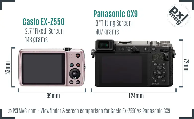 Casio EX-Z550 vs Panasonic GX9 Screen and Viewfinder comparison