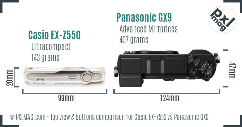 Casio EX-Z550 vs Panasonic GX9 top view buttons comparison
