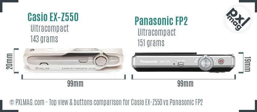 Casio EX-Z550 vs Panasonic FP2 top view buttons comparison Casio EX-Z550 vs Panasonic FP2 top view buttons comparison