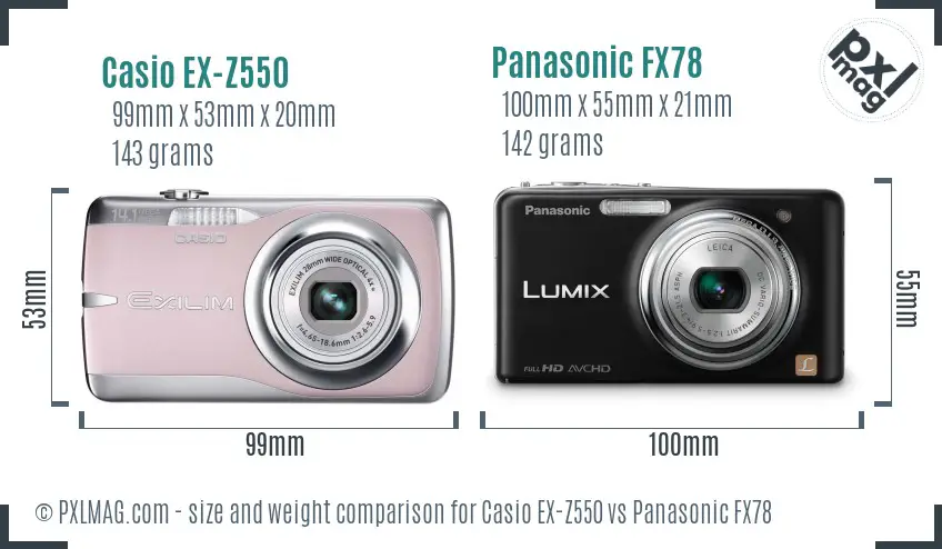Casio EX-Z550 vs Panasonic FX78 size comparison