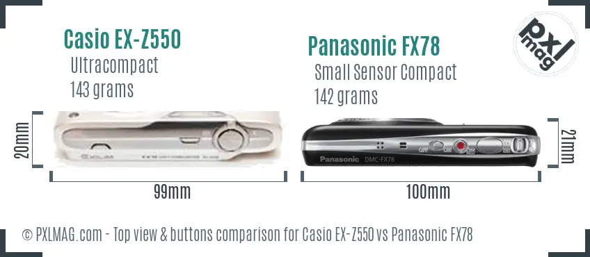 Casio EX-Z550 vs Panasonic FX78 top view buttons comparison
