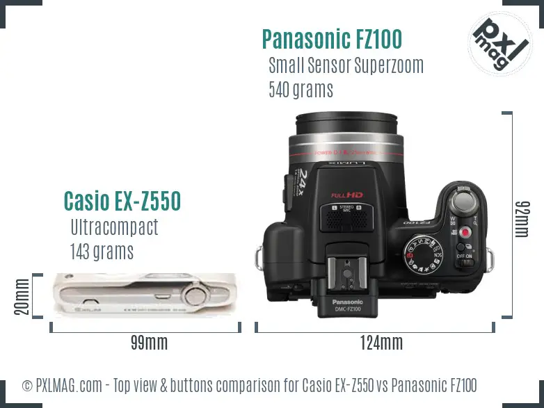 Casio EX-Z550 vs Panasonic FZ100 top view buttons comparison