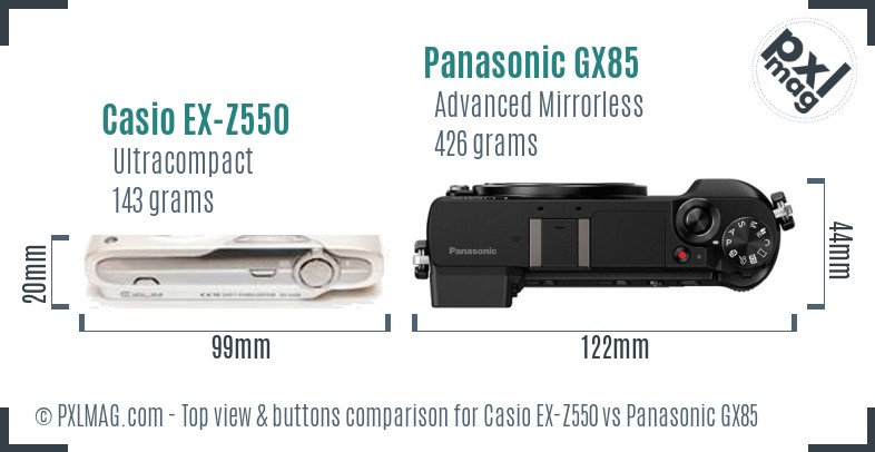 Casio EX-Z550 vs Panasonic GX85 top view buttons comparison