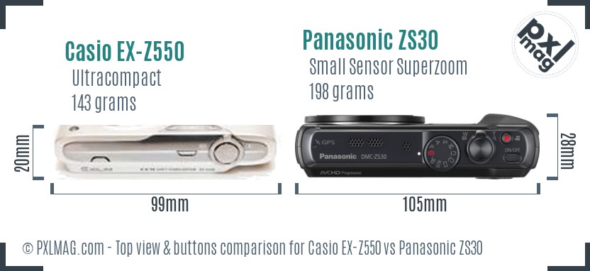 Casio EX-Z550 vs Panasonic ZS30 top view buttons comparison