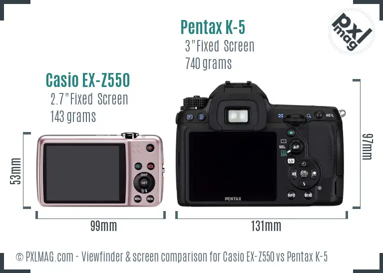 Casio EX-Z550 vs Pentax K-5 Screen and Viewfinder comparison