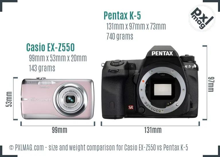 Casio EX-Z550 vs Pentax K-5 size comparison