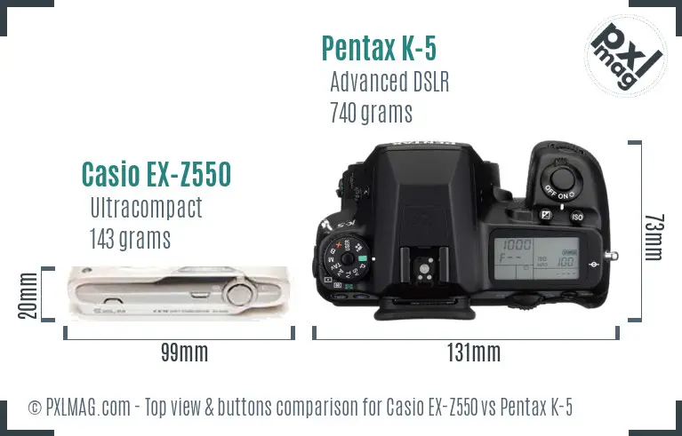 Casio EX-Z550 vs Pentax K-5 top view buttons comparison