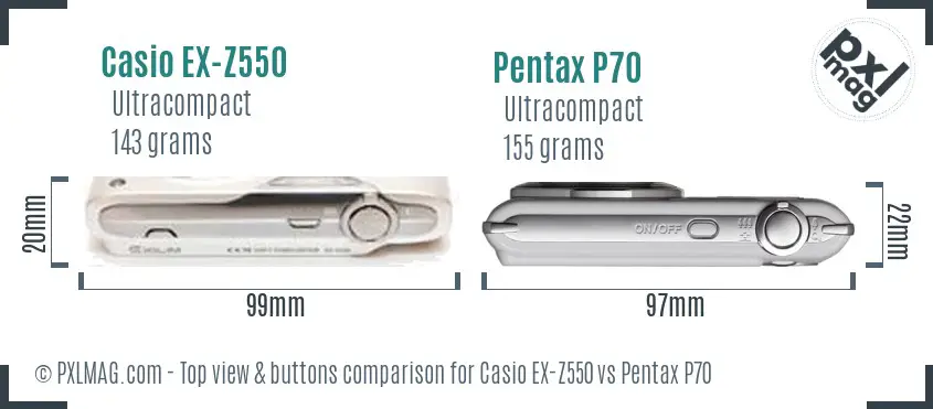 Casio EX-Z550 vs Pentax P70 top view buttons comparison