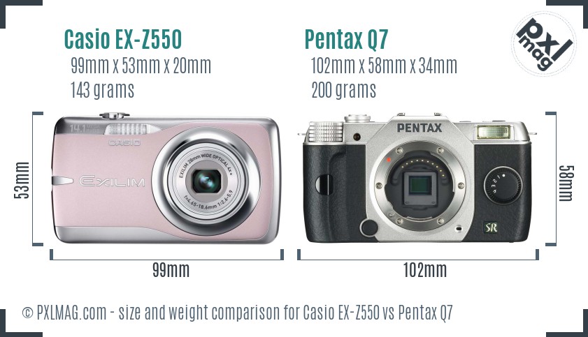 Casio EX-Z550 vs Pentax Q7 size comparison Casio EX-Z550 vs Pentax Q7 size comparison