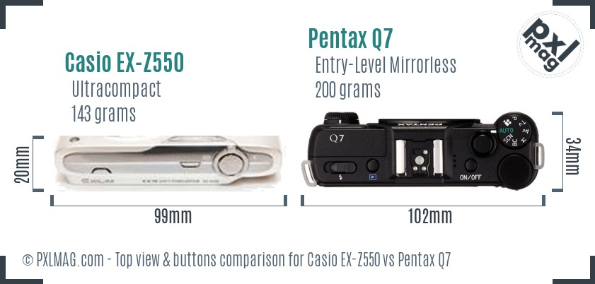 Casio EX-Z550 vs Pentax Q7 top view buttons comparison