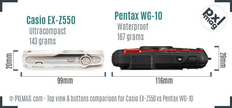 Casio EX-Z550 vs Pentax WG-10 top view buttons comparison