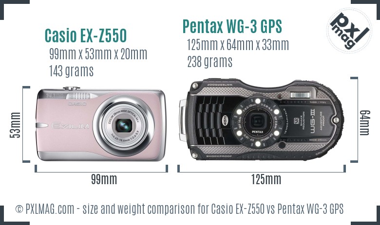 Casio EX-Z550 vs Pentax WG-3 GPS size comparison