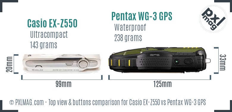 Casio EX-Z550 vs Pentax WG-3 GPS top view buttons comparison