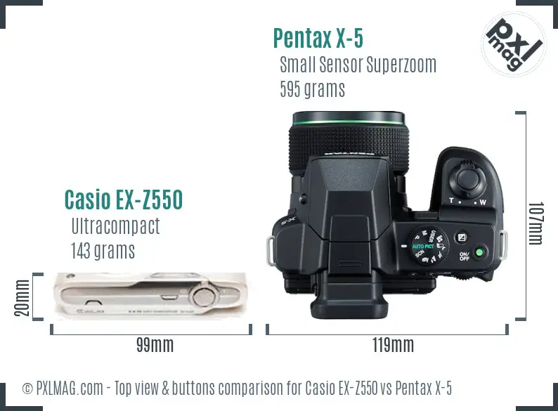 Casio EX-Z550 vs Pentax X-5 top view buttons comparison