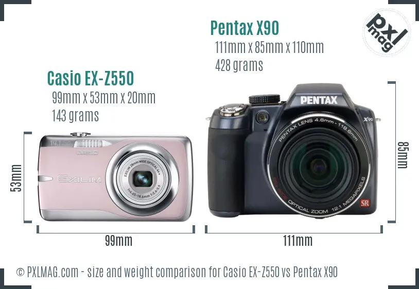 Casio EX-Z550 vs Pentax X90 size comparison